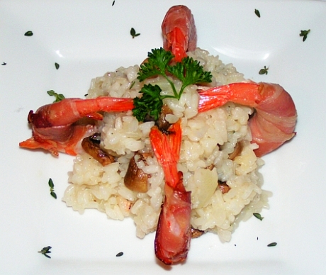 Prosciutto wrapped shrimp with risotto